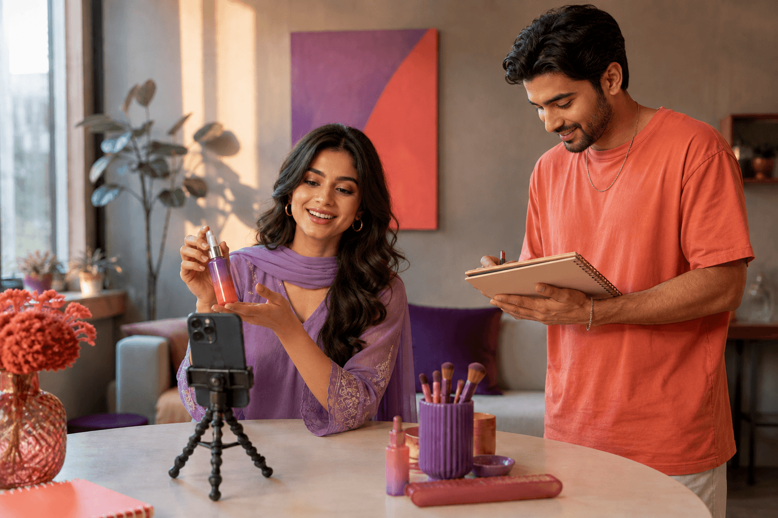 Editorial scene of creators recording a product demonstration