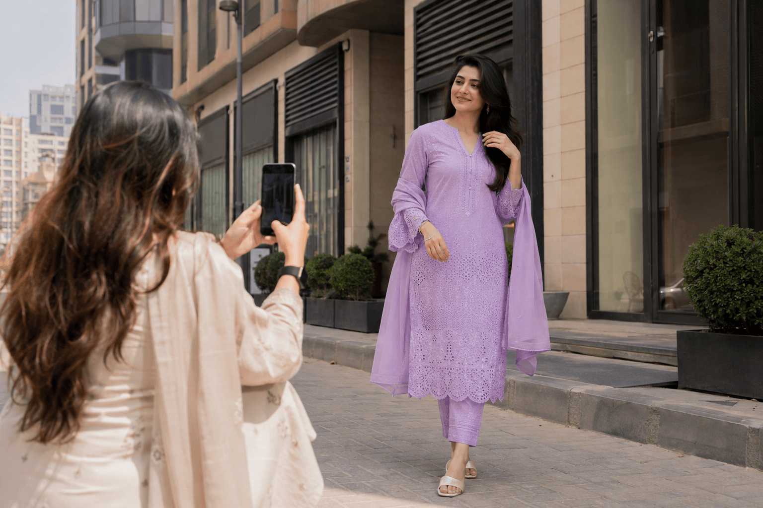 Editorial fashion shoot on a city street