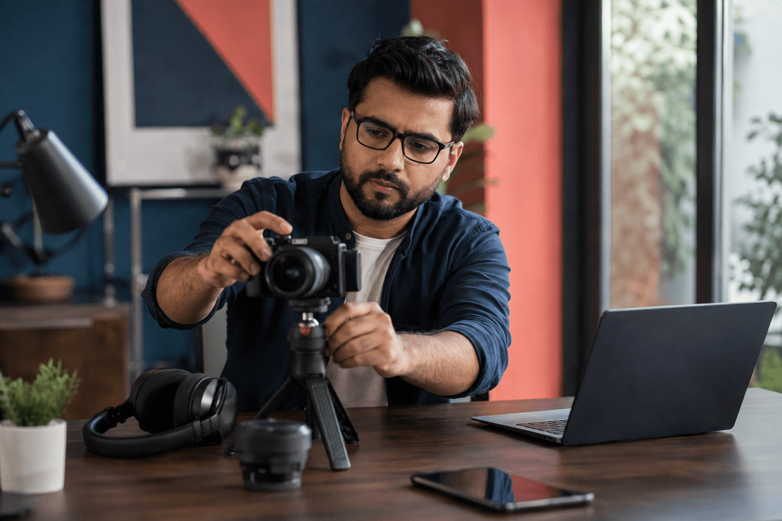 Editorial scene of a creator preparing a product recording